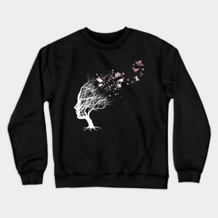 Drawing woman illustration with fyling pink butterflies Crewneck Sweatshirt